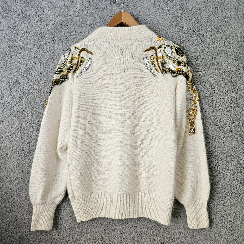 Vintage Cedars Angora Silk Wool Sweater Small Embellished 80s 90s Off White Gold - Picture 2 of 14